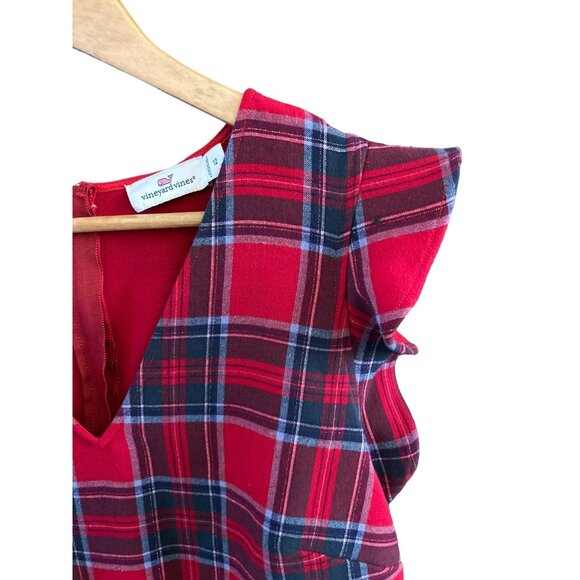Vineyard Vines Women's Red Plaid Ruffle Sleeve Dress Size 12 Holiday Preppy EUC - Picture 2 of 5